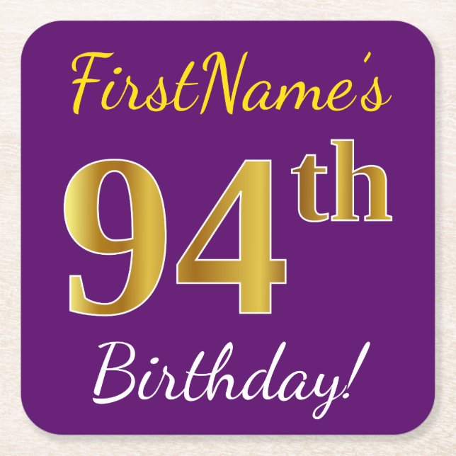 Purple, Faux Gold 94th Birthday + Custom Name Square Paper Coaster (Front)