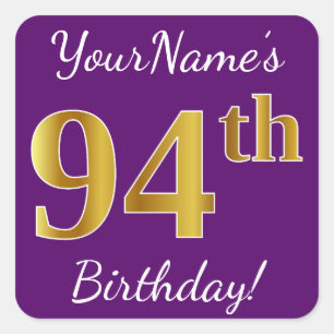 Purple, Faux Gold 94th Birthday + Custom Name Square Sticker