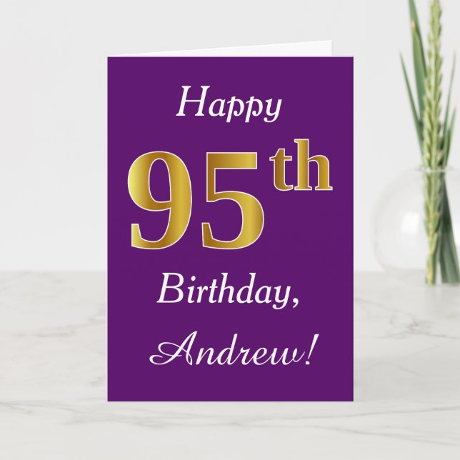 Purple, Faux Gold 95th Birthday + Custom Name Card (Front)