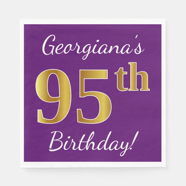 Purple, Faux Gold 95th Birthday + Custom Name Napkin (Front)