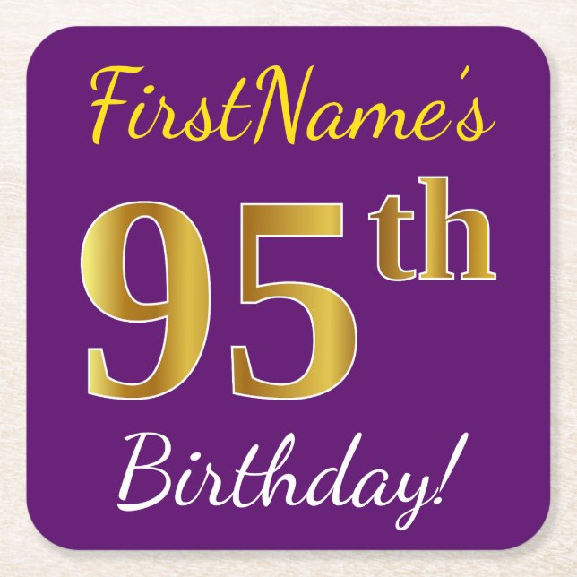 Purple, Faux Gold 95th Birthday + Custom Name Square Paper Coaster (Front)