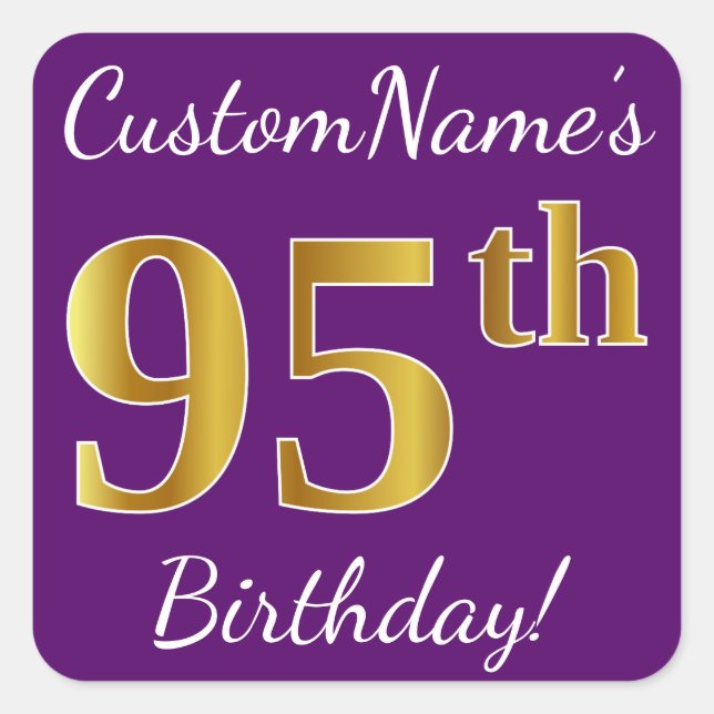 Purple, Faux Gold 95th Birthday + Custom Name Square Sticker (Front)