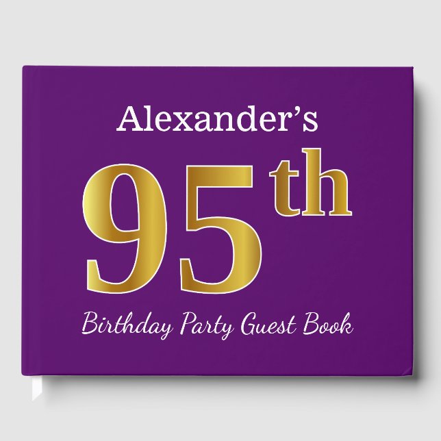 Purple, Faux Gold 95th Birthday Party; Custom Name Guest Book (Front)