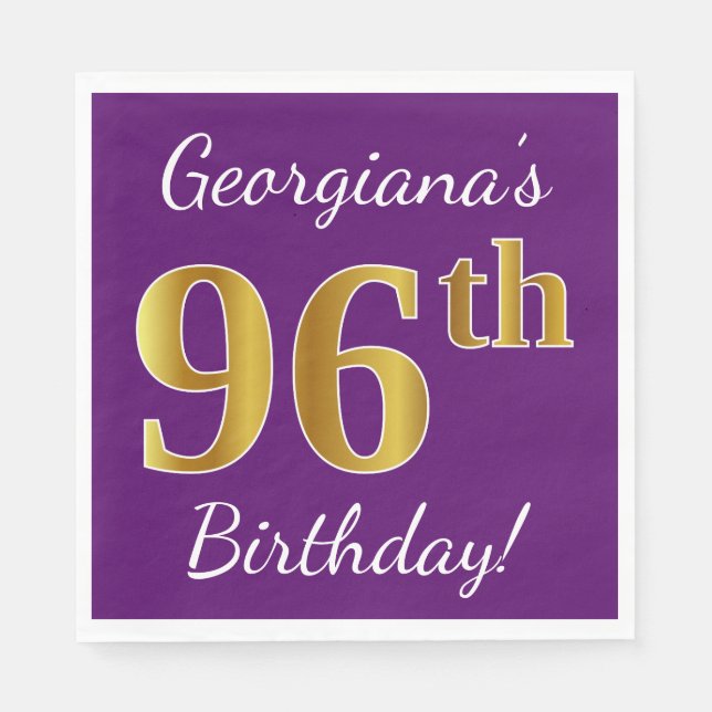 Purple, Faux Gold 96th Birthday + Custom Name Napkin (Front)