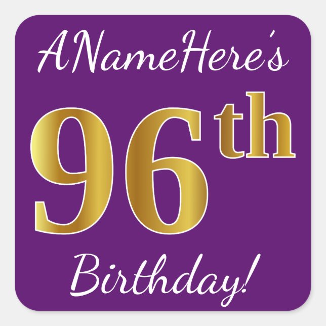 Purple, Faux Gold 96th Birthday + Custom Name Square Sticker (Front)
