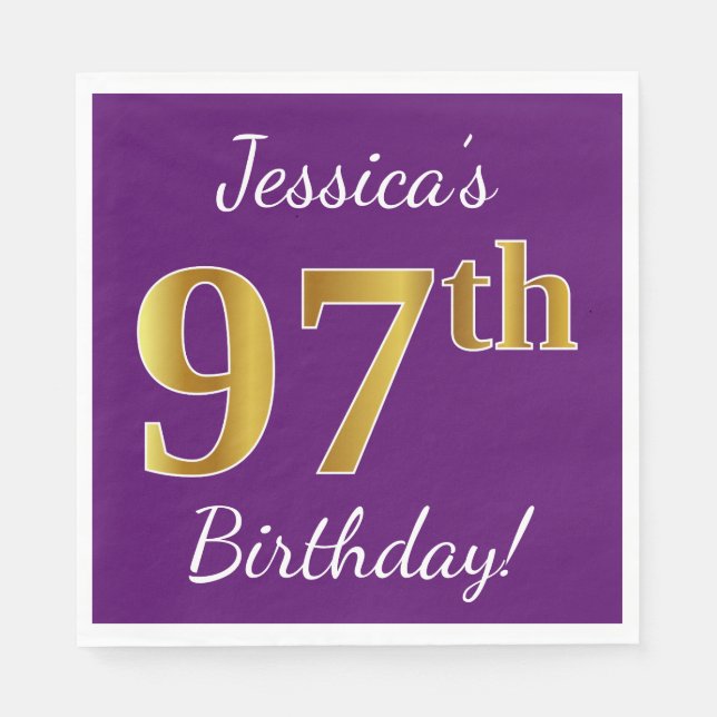 Purple, Faux Gold 97th Birthday + Custom Name Napkin (Front)