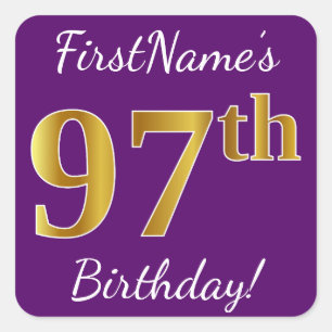 Purple, Faux Gold 97th Birthday + Custom Name Square Sticker