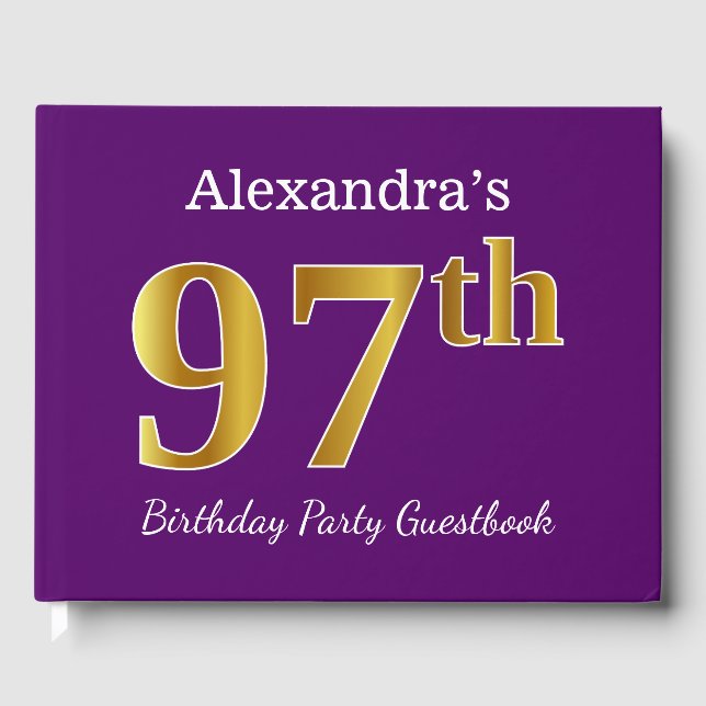 Purple, Faux Gold 97th Birthday Party; Custom Name Guest Book (Front)