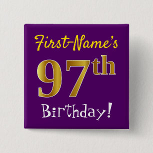 Purple, Faux Gold 97th Birthday, With Custom Name 15 Cm Square Badge