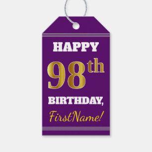 Purple, Faux Gold 98th Birthday + Custom Name Gift Tags