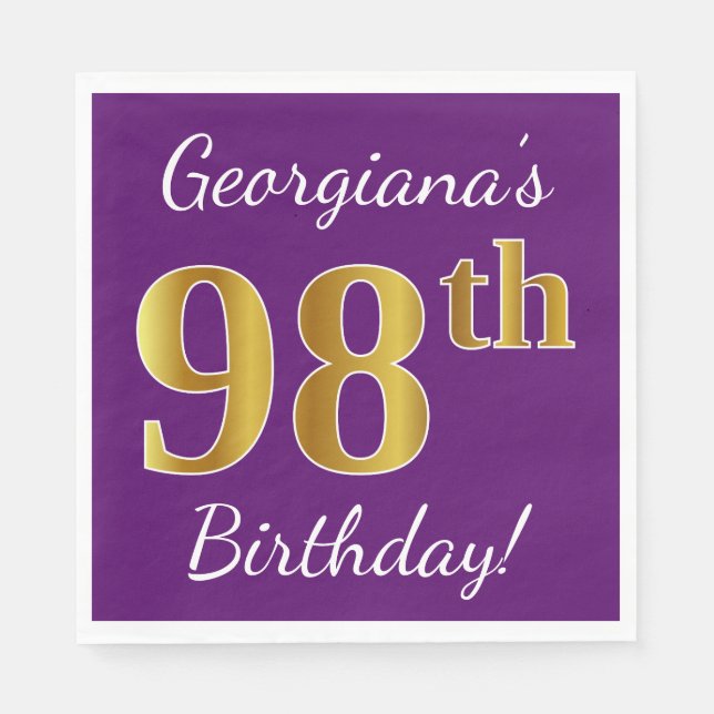 Purple, Faux Gold 98th Birthday + Custom Name Napkin (Front)