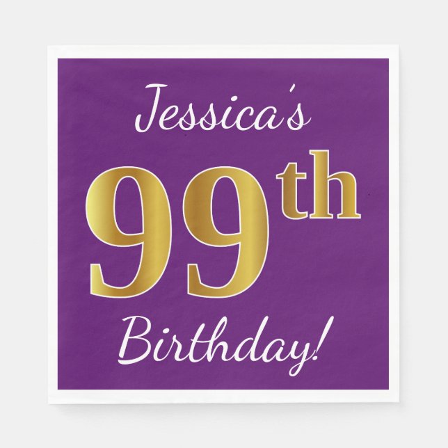 Purple, Faux Gold 99th Birthday + Custom Name Napkin (Front)