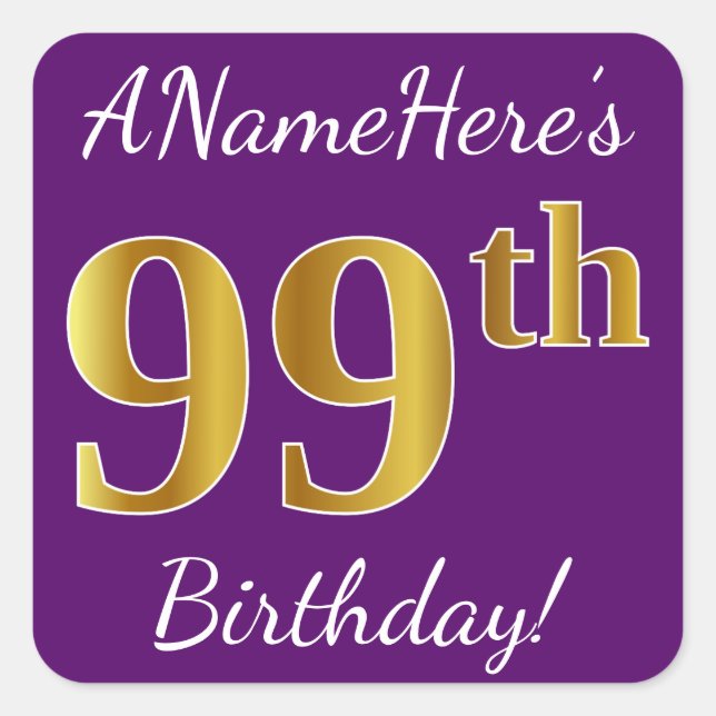 Purple, Faux Gold 99th Birthday + Custom Name Square Sticker (Front)