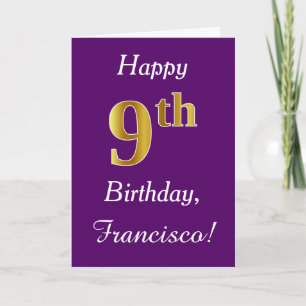 Purple, Faux Gold 9th Birthday + Custom Name Card