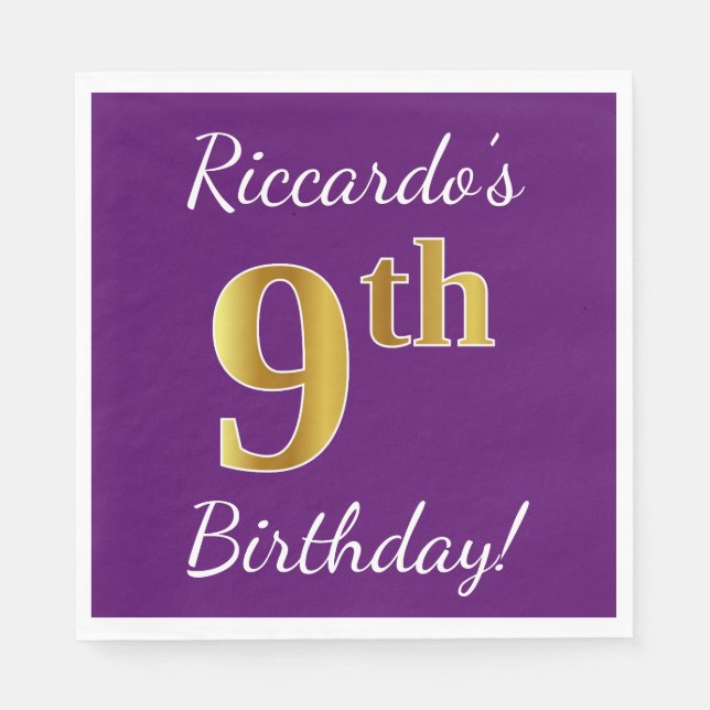 Purple, Faux Gold 9th Birthday + Custom Name Napkin (Front)