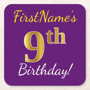 Purple, Faux Gold 9th Birthday + Custom Name Square Paper Coaster