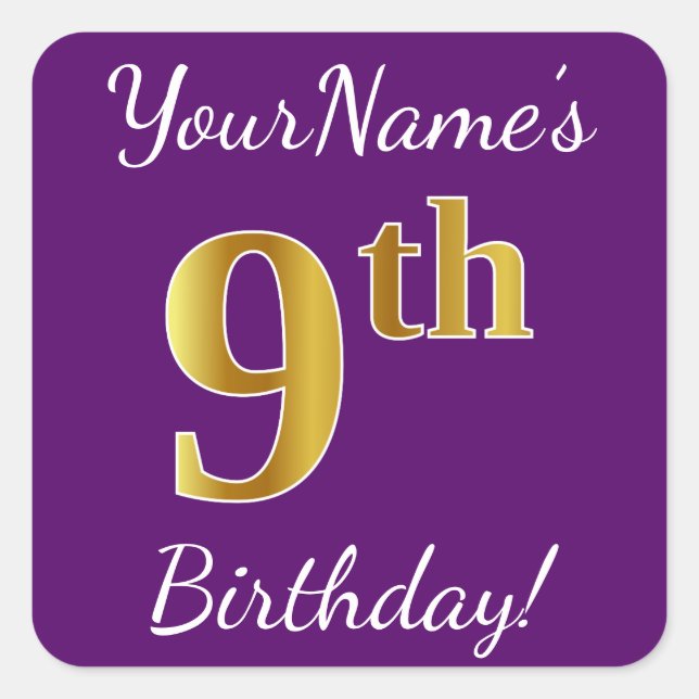 Purple, Faux Gold 9th Birthday + Custom Name Square Sticker (Front)