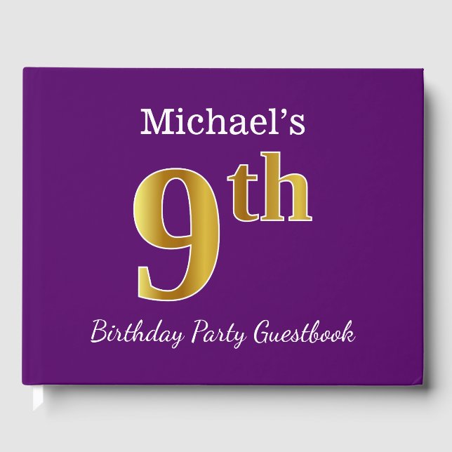 Purple, Faux Gold 9th Birthday Party + Custom Name Guest Book (Front)