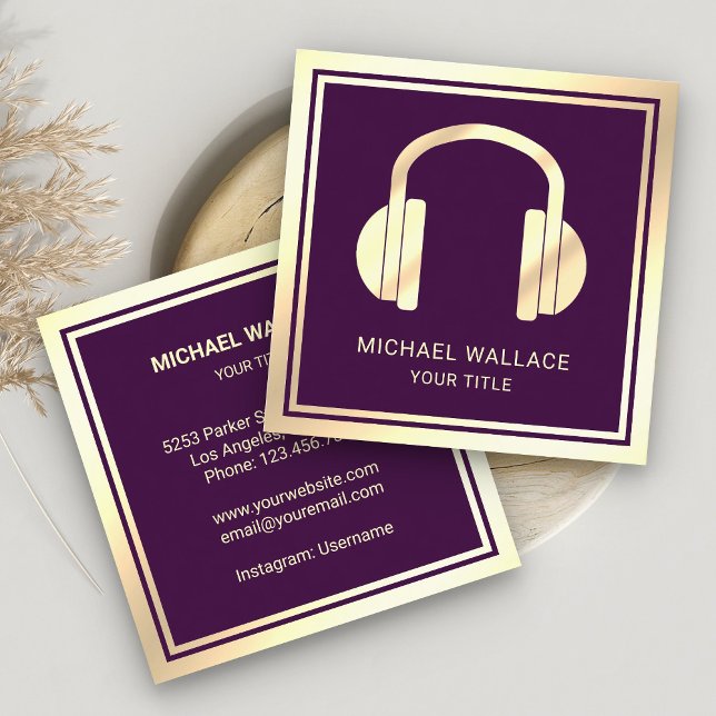 Purple Faux Gold Foil Headphones Music DJ Square Business Card (Creator Uploaded)