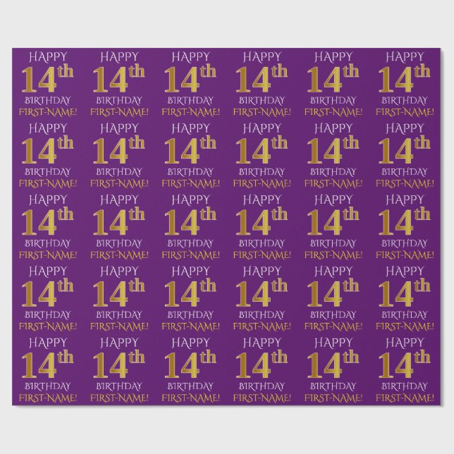 Purple, Faux Gold "HAPPY 14th BIRTHDAY" Wrapping Paper (Flat)