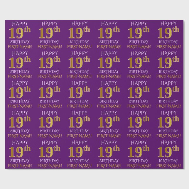 Purple, Faux Gold "HAPPY 19th BIRTHDAY" Wrapping Paper (Flat)