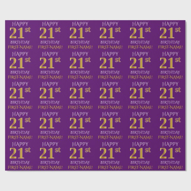 Purple, Faux Gold "HAPPY 21st BIRTHDAY" Wrapping Paper (Flat)