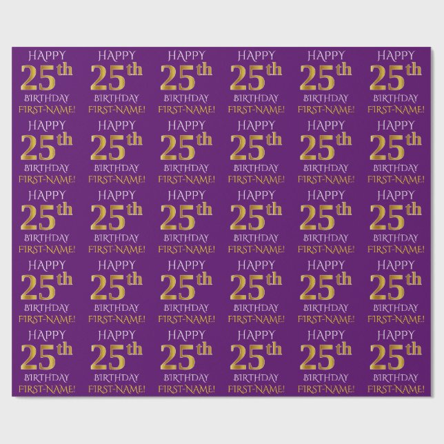 Purple, Faux Gold "HAPPY 25th BIRTHDAY" Wrapping Paper (Flat)
