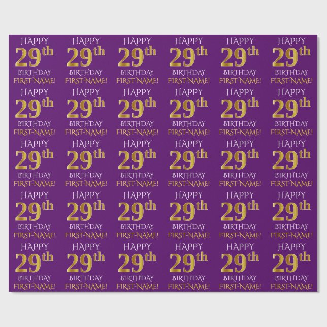Purple, Faux Gold "HAPPY 29th BIRTHDAY" Wrapping Paper (Flat)