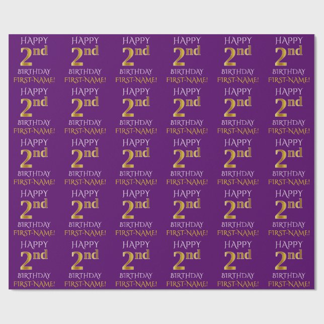 Purple, Faux Gold "HAPPY 2nd BIRTHDAY" Wrapping Paper (Flat)