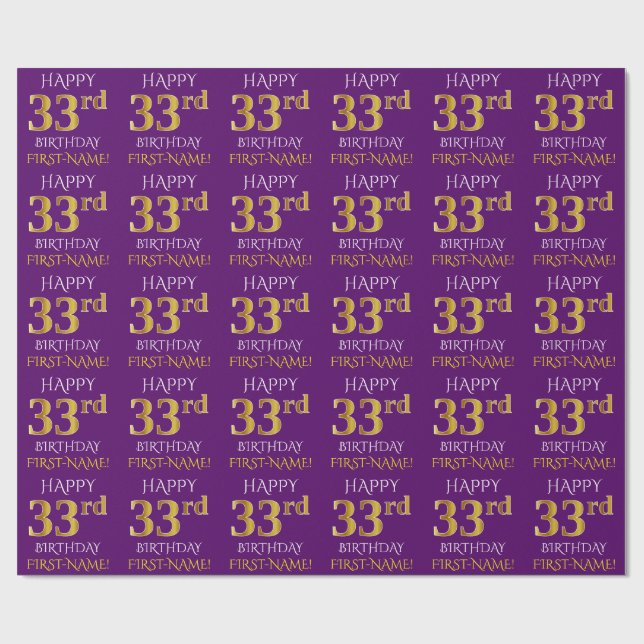 Purple, Faux Gold "HAPPY 33rd BIRTHDAY" Wrapping Paper (Flat)