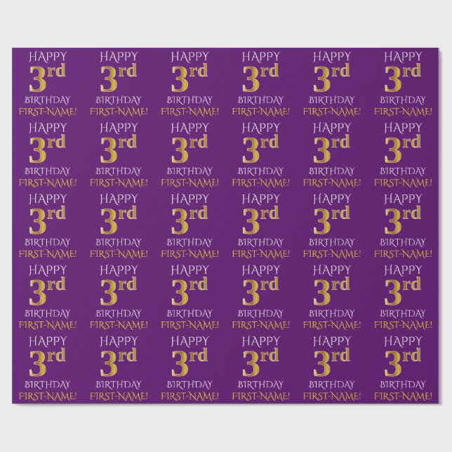 Purple, Faux Gold "HAPPY 3rd BIRTHDAY" Wrapping Paper (Flat)