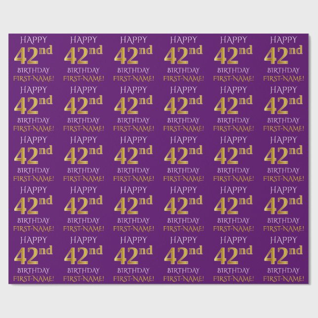 Purple, Faux Gold "HAPPY 42nd BIRTHDAY" Wrapping Paper (Flat)