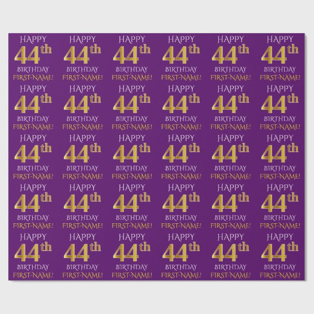 Purple, Faux Gold "HAPPY 44th BIRTHDAY" Wrapping Paper (Flat)