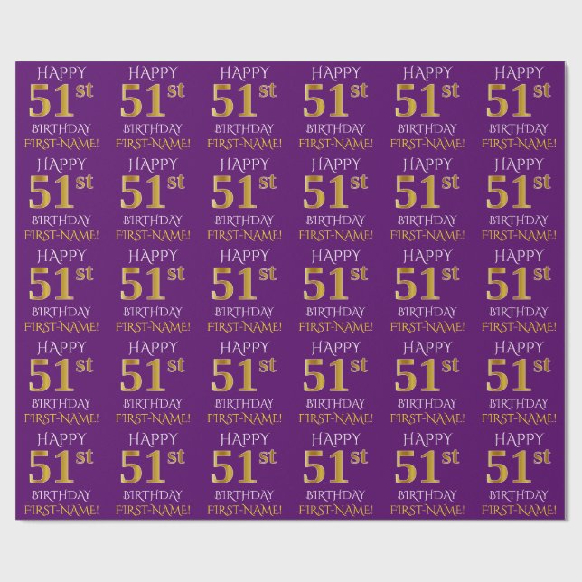 Purple, Faux Gold "HAPPY 51st BIRTHDAY" Wrapping Paper (Flat)