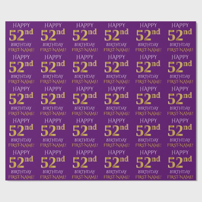 Purple, Faux Gold "HAPPY 52nd BIRTHDAY" Wrapping Paper (Flat)
