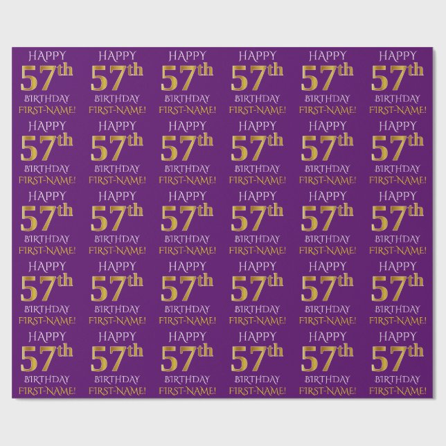 Purple, Faux Gold "HAPPY 57th BIRTHDAY" Wrapping Paper (Flat)