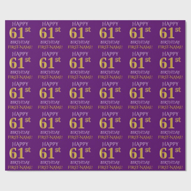 Purple, Faux Gold "HAPPY 61st BIRTHDAY" Wrapping Paper (Flat)