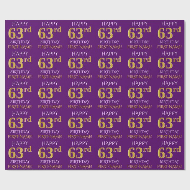 Purple, Faux Gold "HAPPY 63rd BIRTHDAY" Wrapping Paper (Flat)