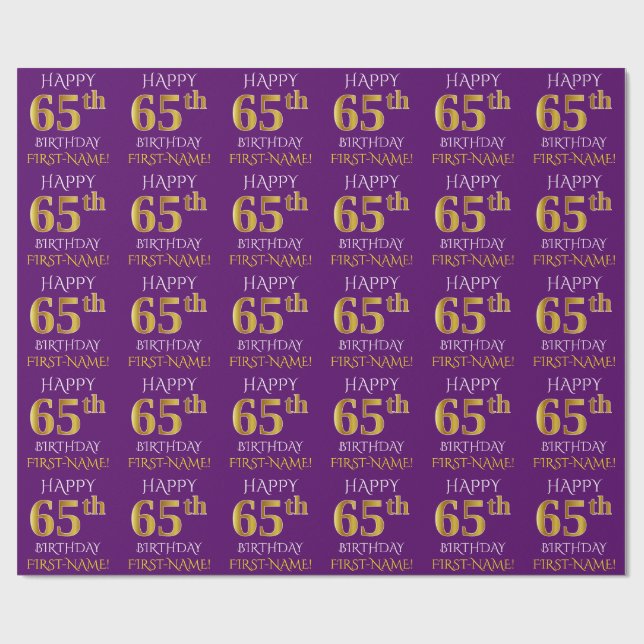 Purple, Faux Gold "HAPPY 65th BIRTHDAY" Wrapping Paper (Flat)