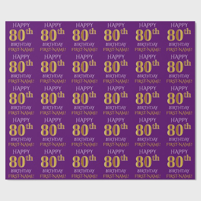 Purple, Faux Gold "HAPPY 80th BIRTHDAY" Wrapping Paper (Flat)