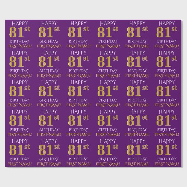 Purple, Faux Gold "HAPPY 81st BIRTHDAY" Wrapping Paper (Flat)
