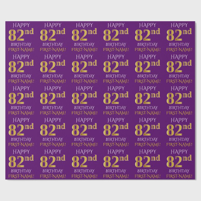 Purple, Faux Gold "HAPPY 82nd BIRTHDAY" Wrapping Paper (Flat)