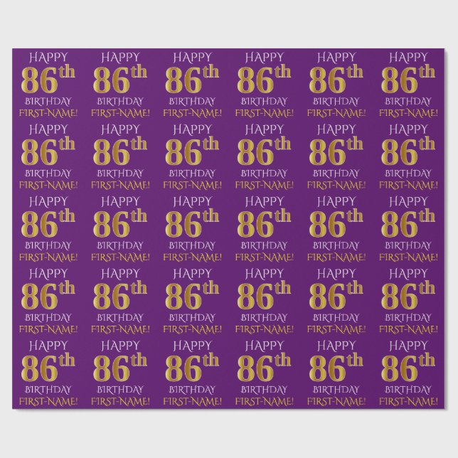 Purple, Faux Gold "HAPPY 86th BIRTHDAY" Wrapping Paper (Flat)