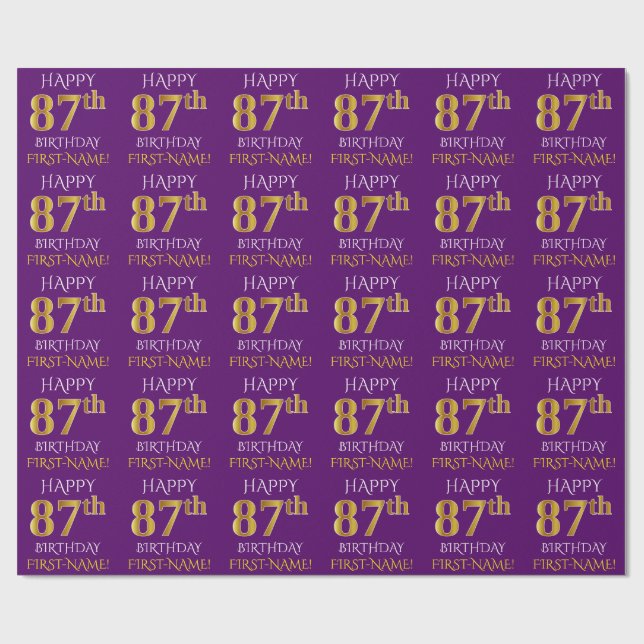 Purple, Faux Gold "HAPPY 87th BIRTHDAY" Wrapping Paper (Flat)