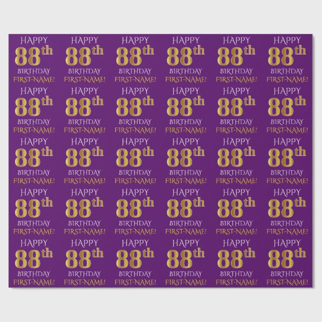 Purple, Faux Gold "HAPPY 88th BIRTHDAY" Wrapping Paper (Flat)