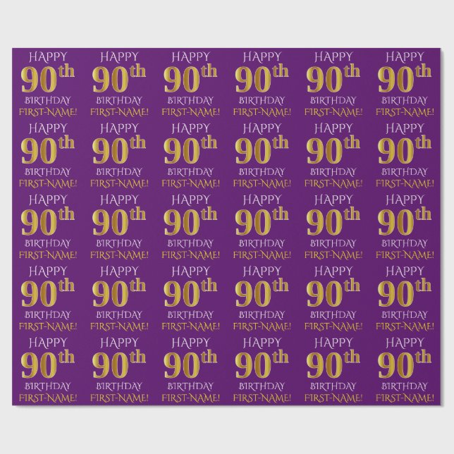 Purple, Faux Gold "HAPPY 90th BIRTHDAY" Wrapping Paper (Flat)