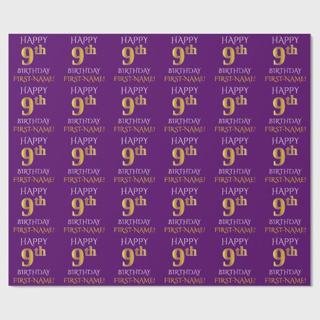 Purple, Faux Gold "HAPPY 9th BIRTHDAY" Wrapping Paper (Flat)