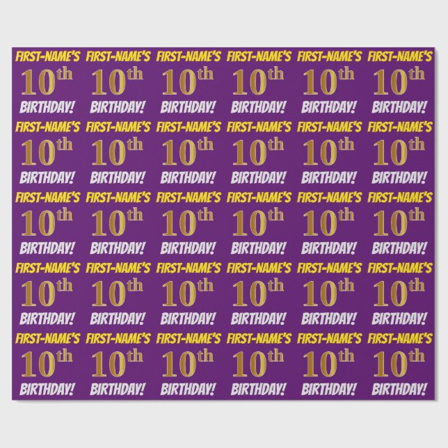 Purple, Faux/Imitation Gold, "10th BIRTHDAY" Wrapping Paper (Flat)