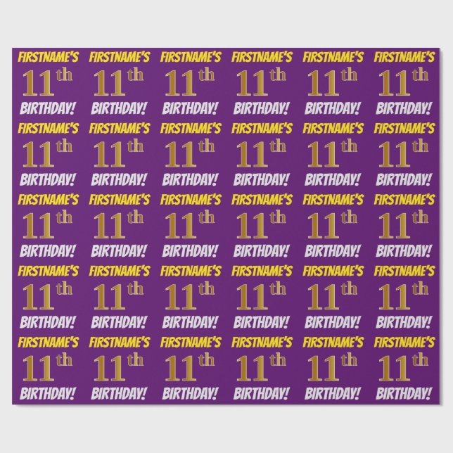 Purple, Faux/Imitation Gold, "11th BIRTHDAY" Wrapping Paper (Flat)
