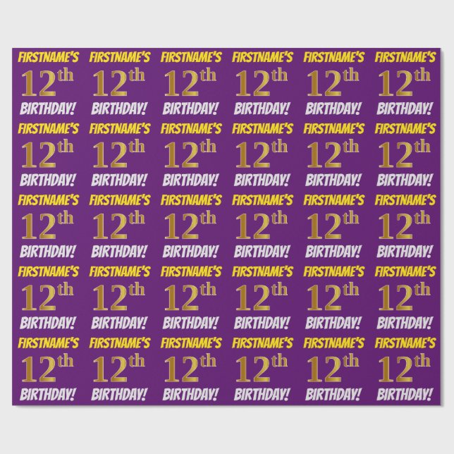 Purple, Faux/Imitation Gold, "12th BIRTHDAY" Wrapping Paper (Flat)